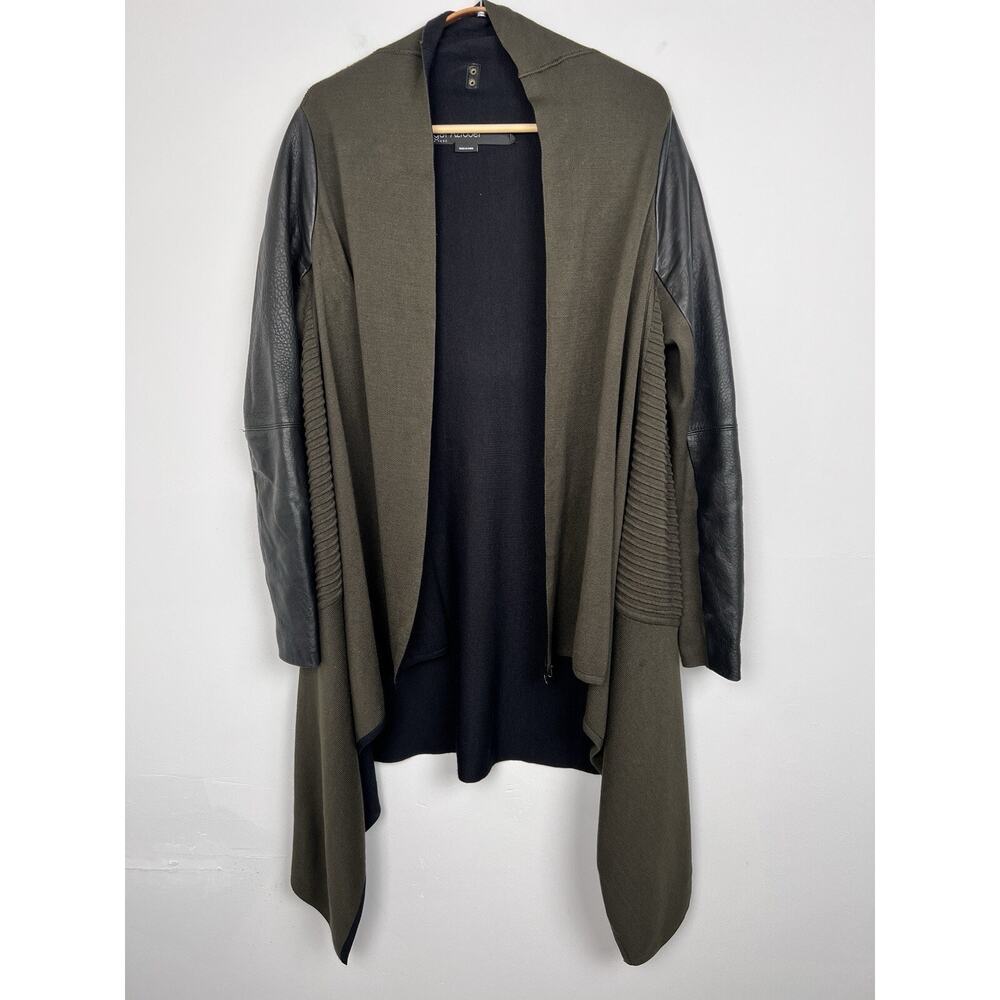 YIGAL AZROUEL M Asymmetrical‎ Green Black Knit Leather Jacket Cardigan Moto Edgy